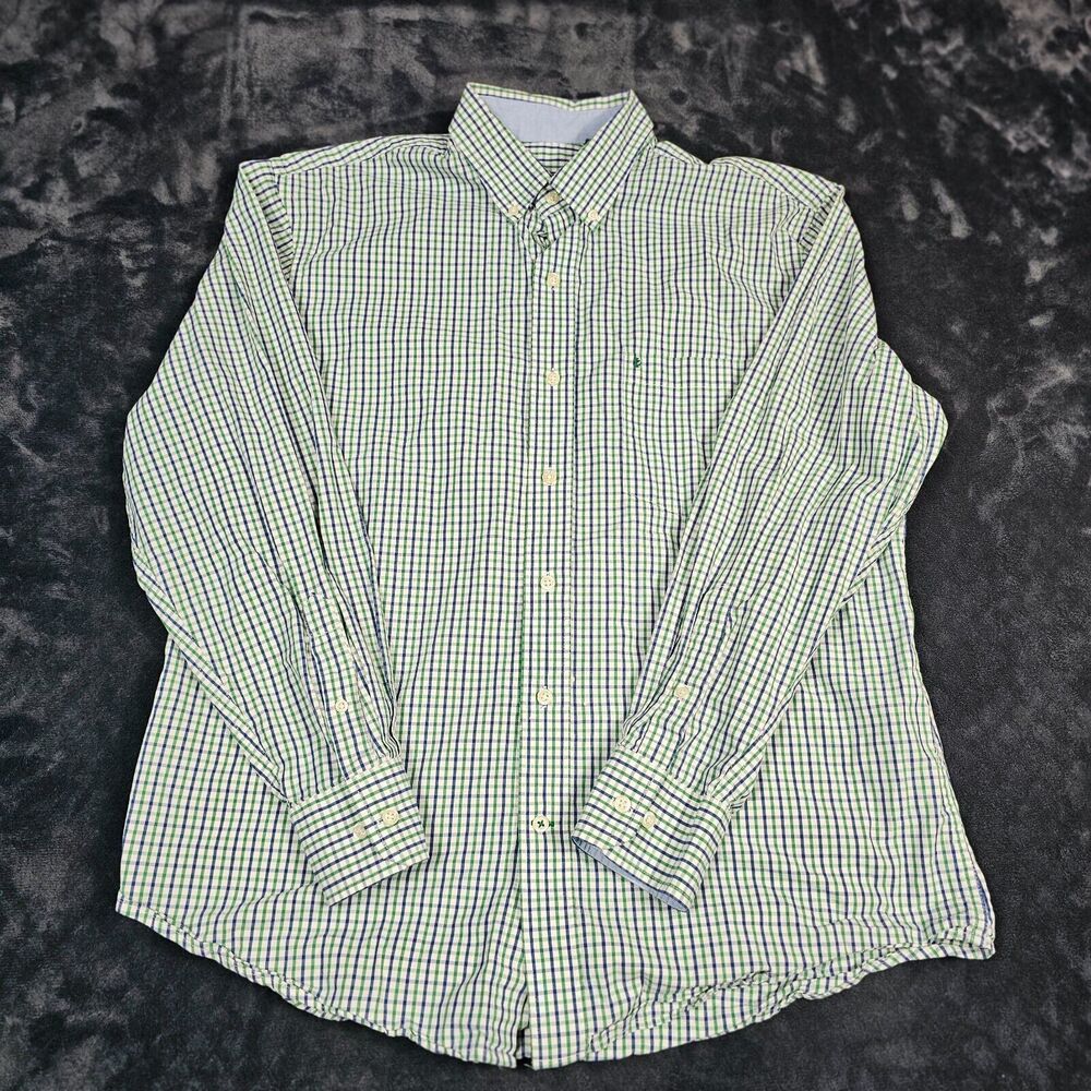 Izod Shirt Men Large Blue/Green Plaid Long Sleeve Regular Fit Collared Button-Up